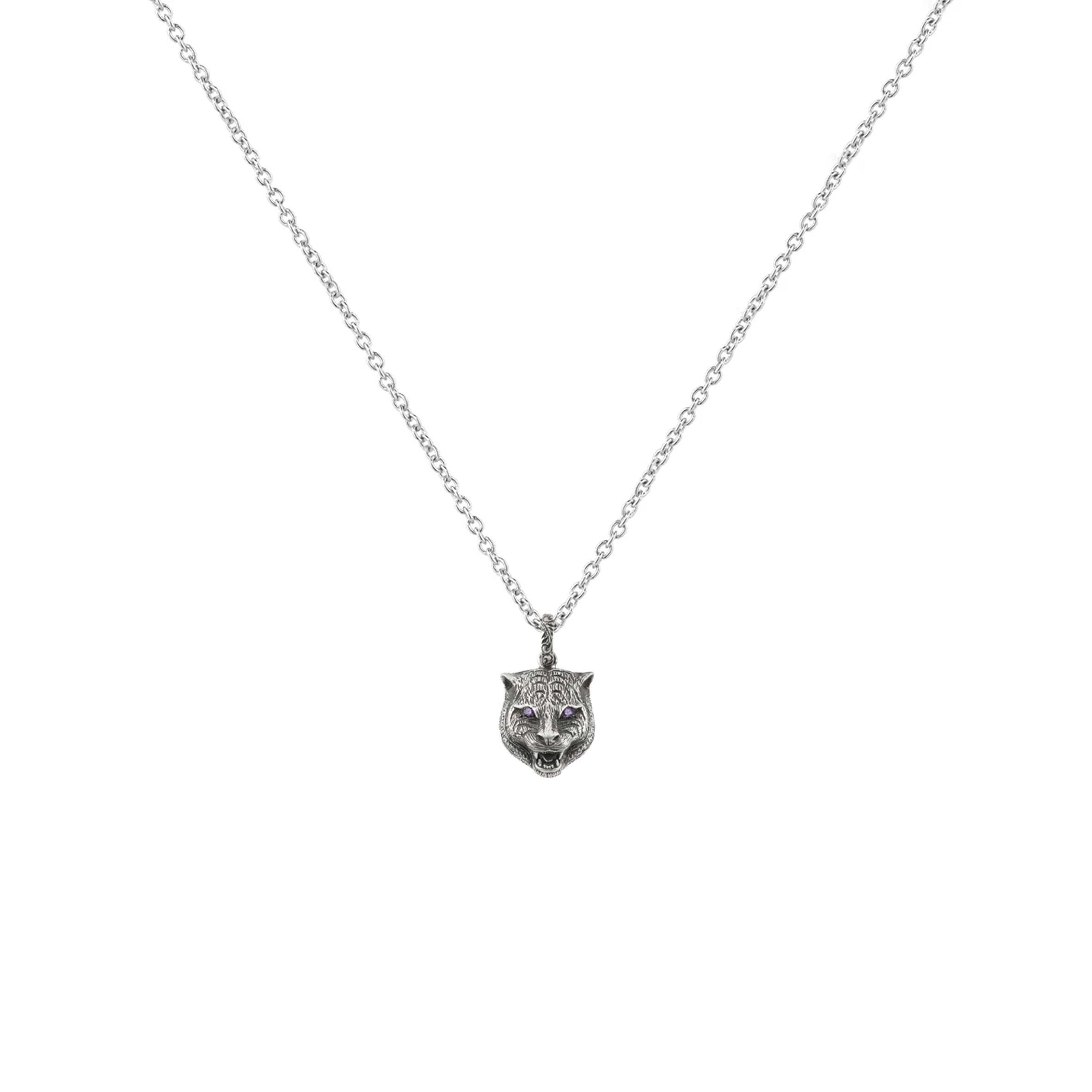GUCCI ANGER FOREST FELINE HEAD DARK FINISH SILVER NECKLACE 523418
